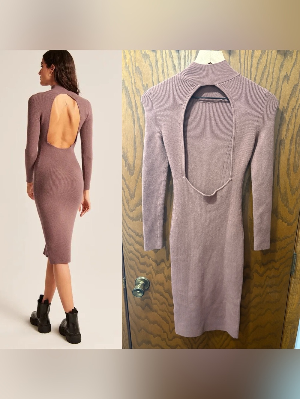Abercrombie & Fitch Open-Back Midi Sweater Bodycon Dress Mock Neck Tan size XSP